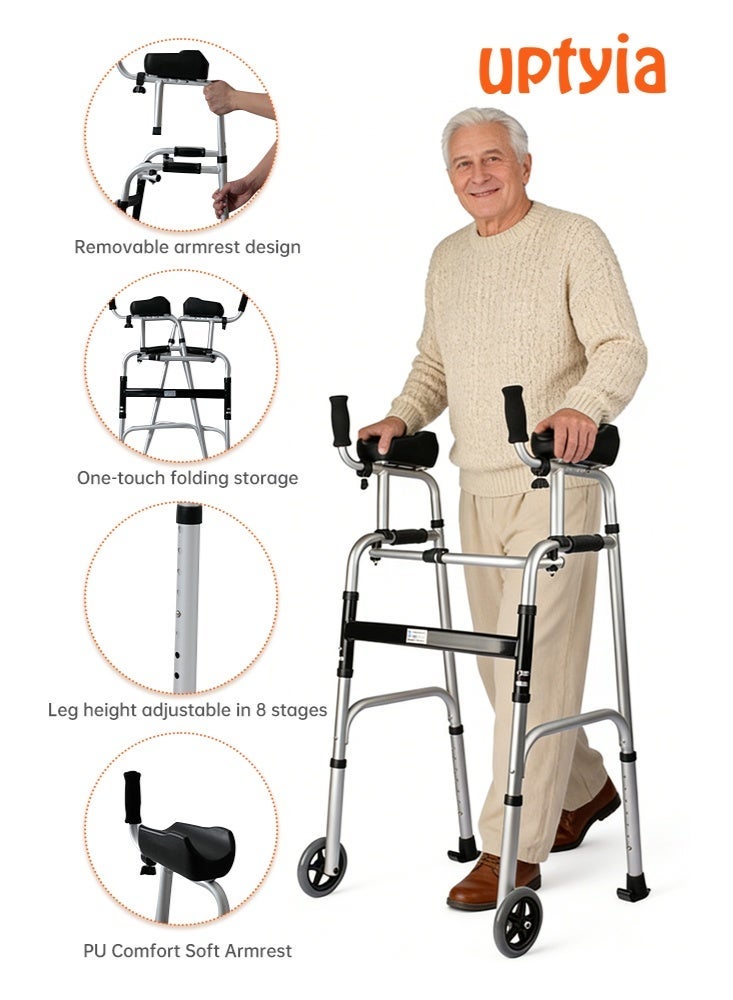 أوبتيا مشاية قابلة للطي خفيفة الوزن لكبار السن - قابلة لتعديل الارتفاع على 8 مستويات (100-116 سم) مساعد على الحركة مزود بعجلات 5 بوصات ومقعد مبطن | مشاية ذات منصة متينة لكبار السن والمعاقين وذوي الاحتياجات الخاصة - Image 4